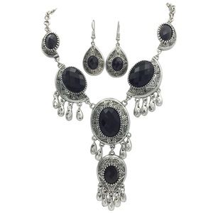 Dramatic Drop Black Necklace Earrings Set